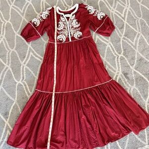 Anthropologie Maroon Midi Dress with White Embroidery